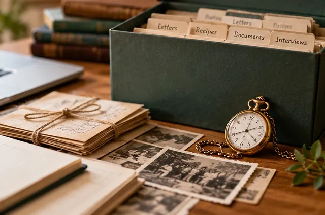 A keepsake box with labeled files for letters, recipes, documents, and interviews, beside old photos and a pocket watch
