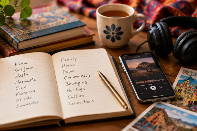 An open notebook with greetings in several languages, a phone playing audio, and headphones