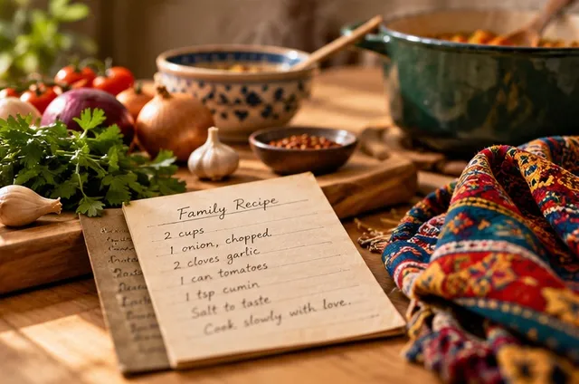 A handwritten family recipe card beside fresh ingredients and a woven textile