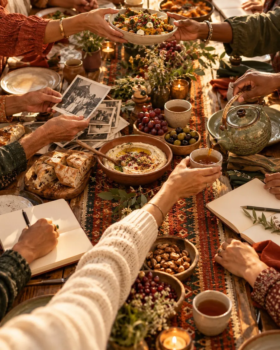 Hands of different skin tones passing food, pouring tea, and sharing old family photographs around a long table during a community gathering