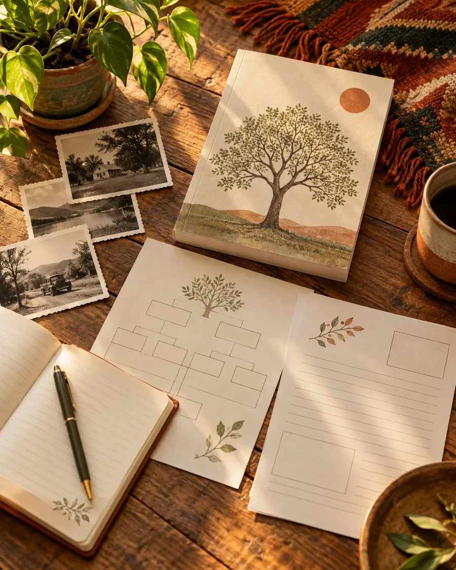 A warm flat lay of a book, printable family tree and reflection worksheets, an open notebook with a pen, and vintage family photos on a wooden table