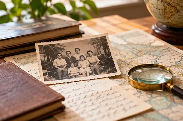 An old family photograph, handwritten letters, and a magnifying glass on a map