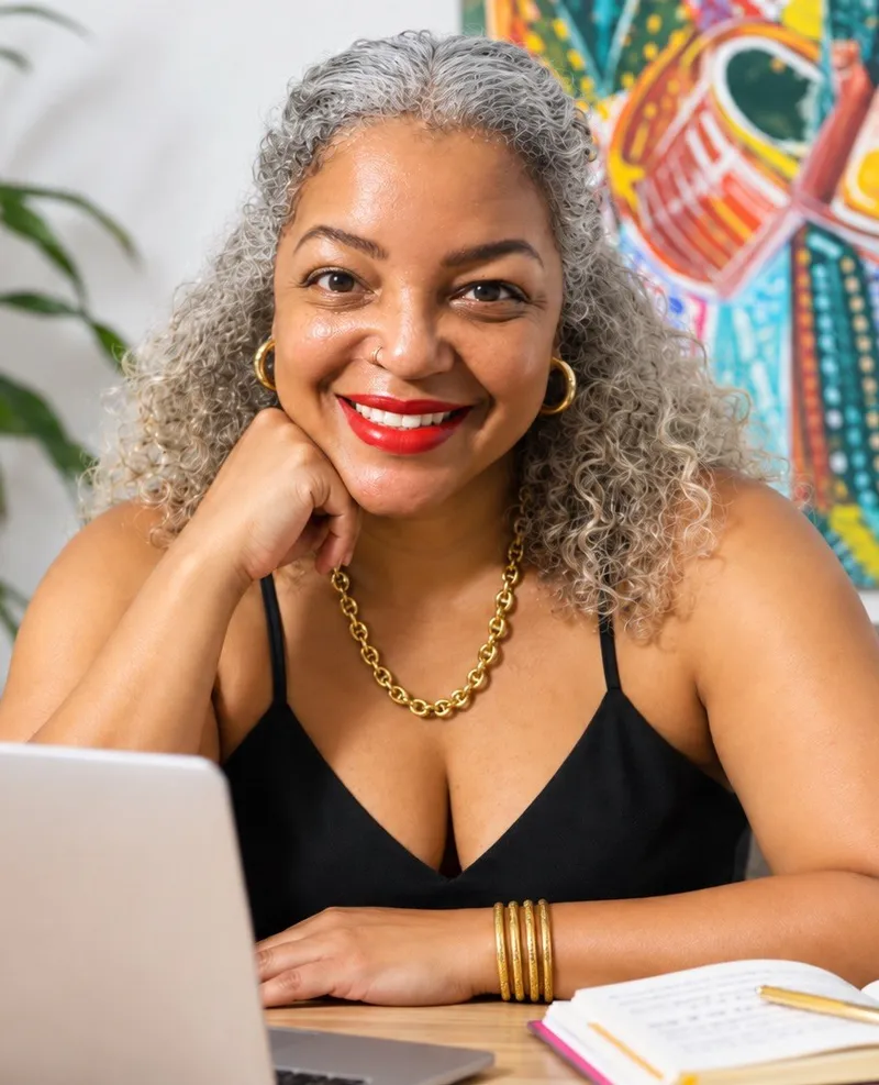 Tami Dee García smiling in front of a colorful painted wall